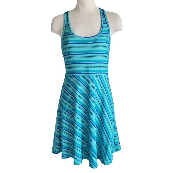 Tehama Striped Fit & Flare Athletic Dress Turquoise Green Navy Blue Size S - Picture 1 of 12